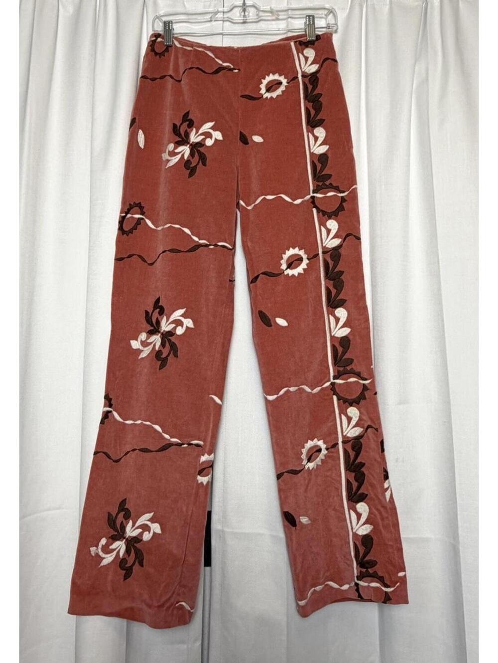 Tocca Vintage 90s Y2k Pink Velvet Floral Embroidered Trouser Flare Pants. Size 4